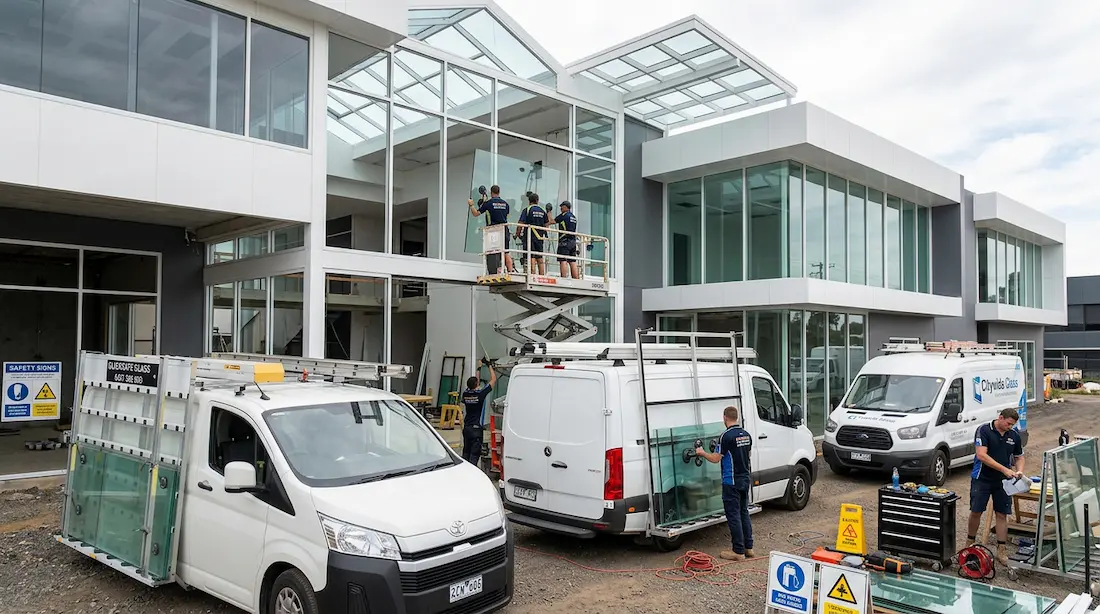 Glazier installing a secure window glass replacement in Melbourne