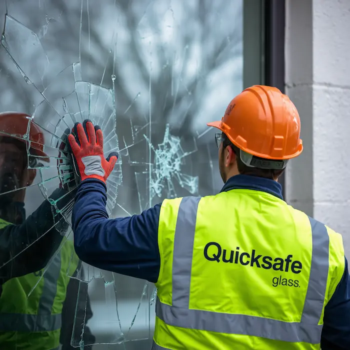 Glazier installing a secure window glass replacement in Brunswick