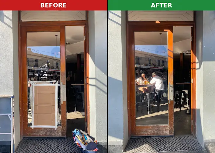 Before and after photo of commercial front door glass replacement at The Wolf, Windsor, by QuickSafe Window Glass Repair