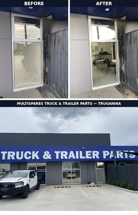 Commercial glass door replacement at Multispares Truck and Trailer Parts, Truganina
