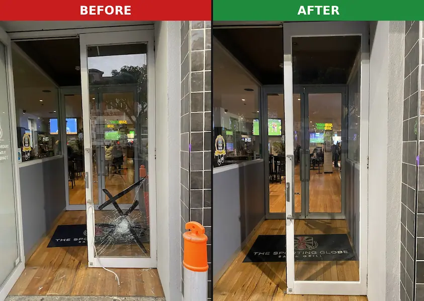 Before and after photo of commercial front door glass replacement at The Sporting Globe Bar & Grill, Geelong, by QuickSafe Window Glass Repair