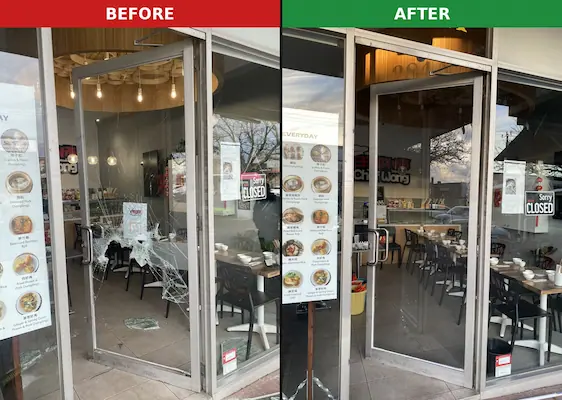 Before and after photo of commercial front door glass replacement at Chef Wong restaurant, Huntingdale, by QuickSafe Window Glass Repair
