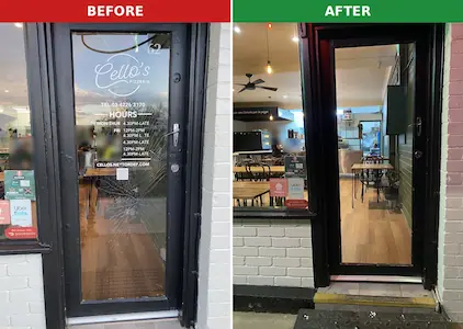 Before and after photo of cracked front door glass replaced at Cello's Pizzeria in Newcomb, Geelong, by QuickSafe Window Glass Repair