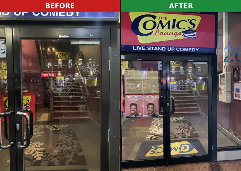 Before and after photo of commercial front door glass replacement at The Comic's Lounge, North Melbourne, by QuickSafe Window Glass Repair
