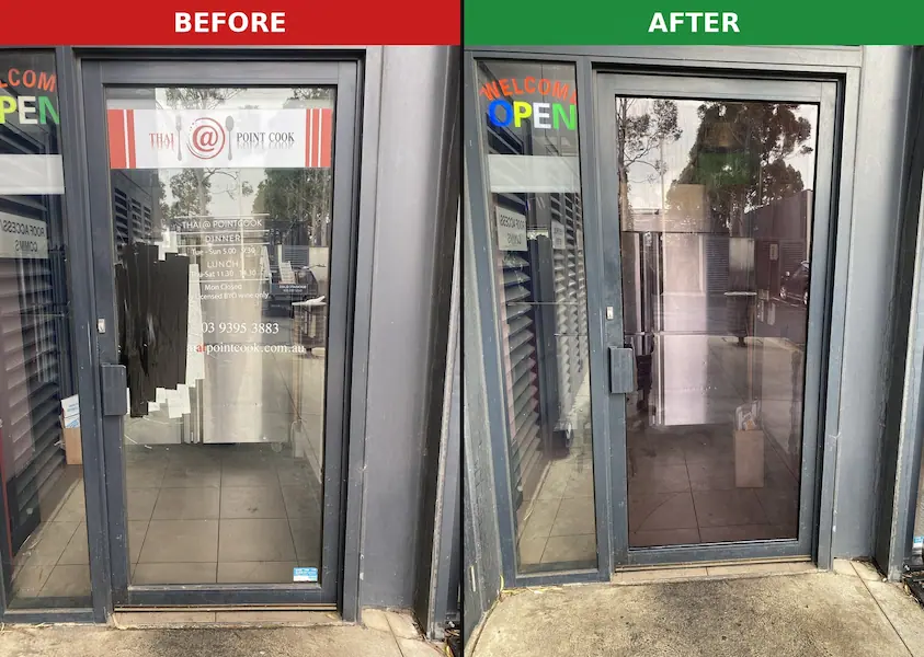 Before and after photo of commercial front door glass replacement at Thai @ Point Cook restaurant by QuickSafe Window Glass Repair