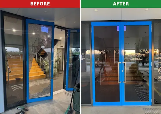 Before and after photo of smashed front entrance door glass replaced at Event Power Solutions, Port Melbourne, by QuickSafe Window Glass Repair