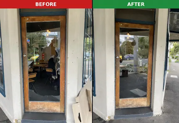 Before and after photo of commercial front door glass replacement at Station Street Trading Co. cafe, Port Melbourne, by QuickSafe Window Glass Repair